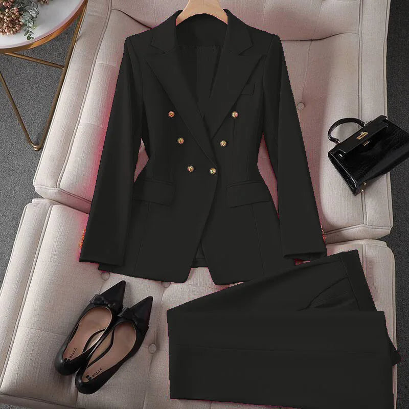 Retro Fashionable Women's Suiting Jacket And Pants Set Casual Design Spring Autumn Korean Style Slim Fit Commute Ready