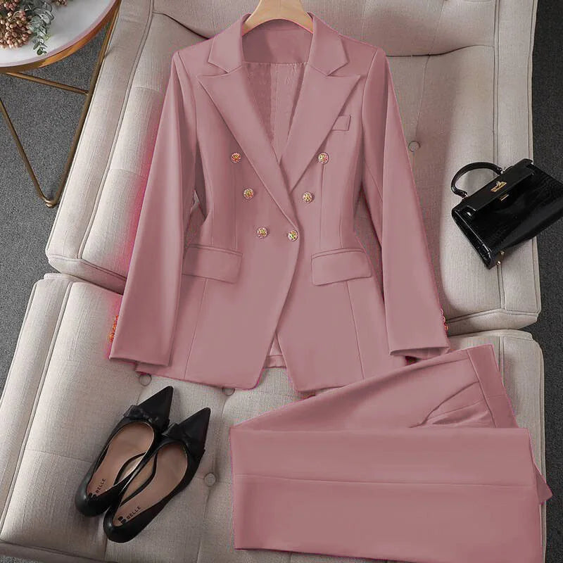 Retro Fashionable Women's Suiting Jacket And Pants Set Casual Design Spring Autumn Korean Style Slim Fit Commute Ready
