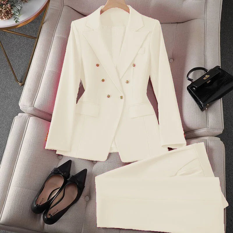 Retro Fashionable Women's Suiting Jacket And Pants Set Casual Design Spring Autumn Korean Style Slim Fit Commute Ready