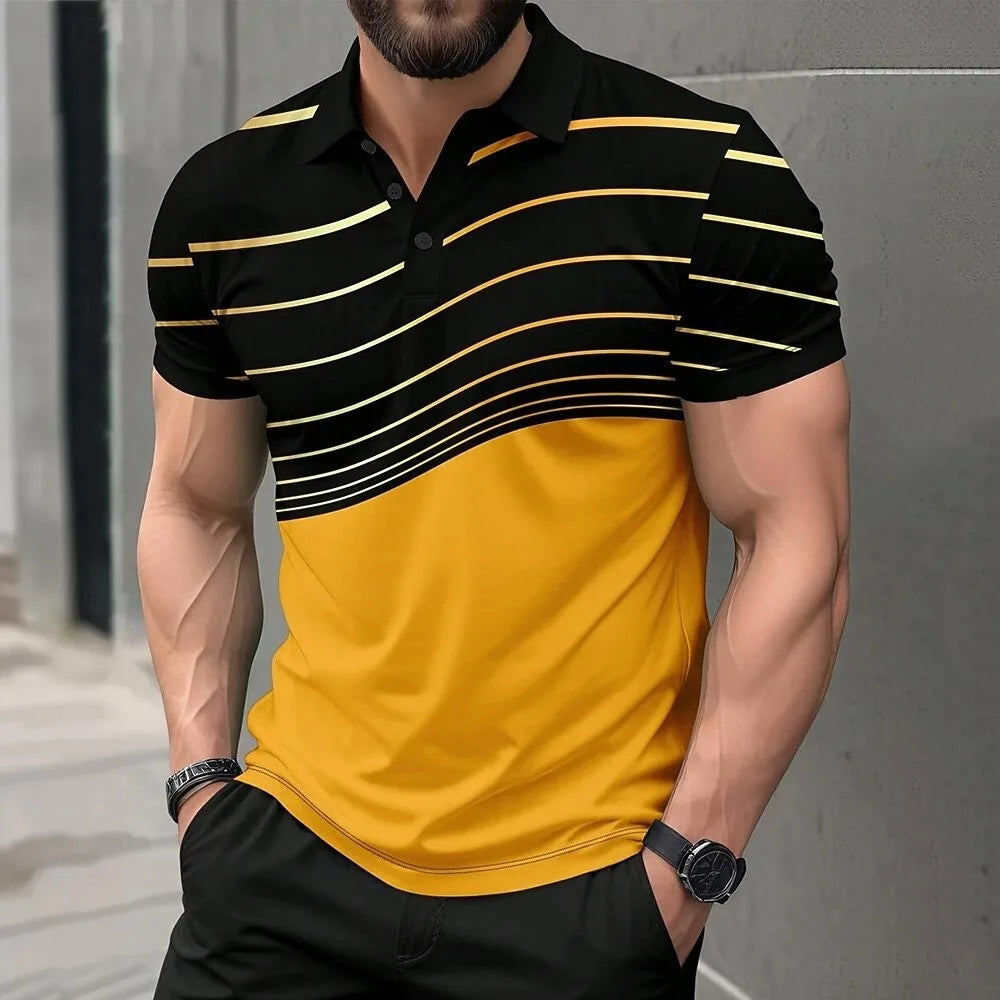 Nueva Camiseta Polo para Hombre con Estampado a Rayas, Manga Corta, con Impresión 3D en Bloques de Color, Estilo Casual, Golf, Harajuku